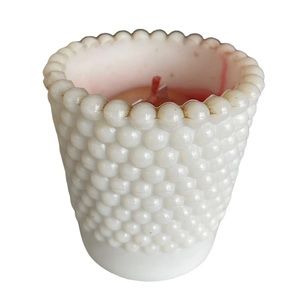 Vintage Hobnail White Milk Glass Votive Candle with Red/Orange Candle, 2.5" H